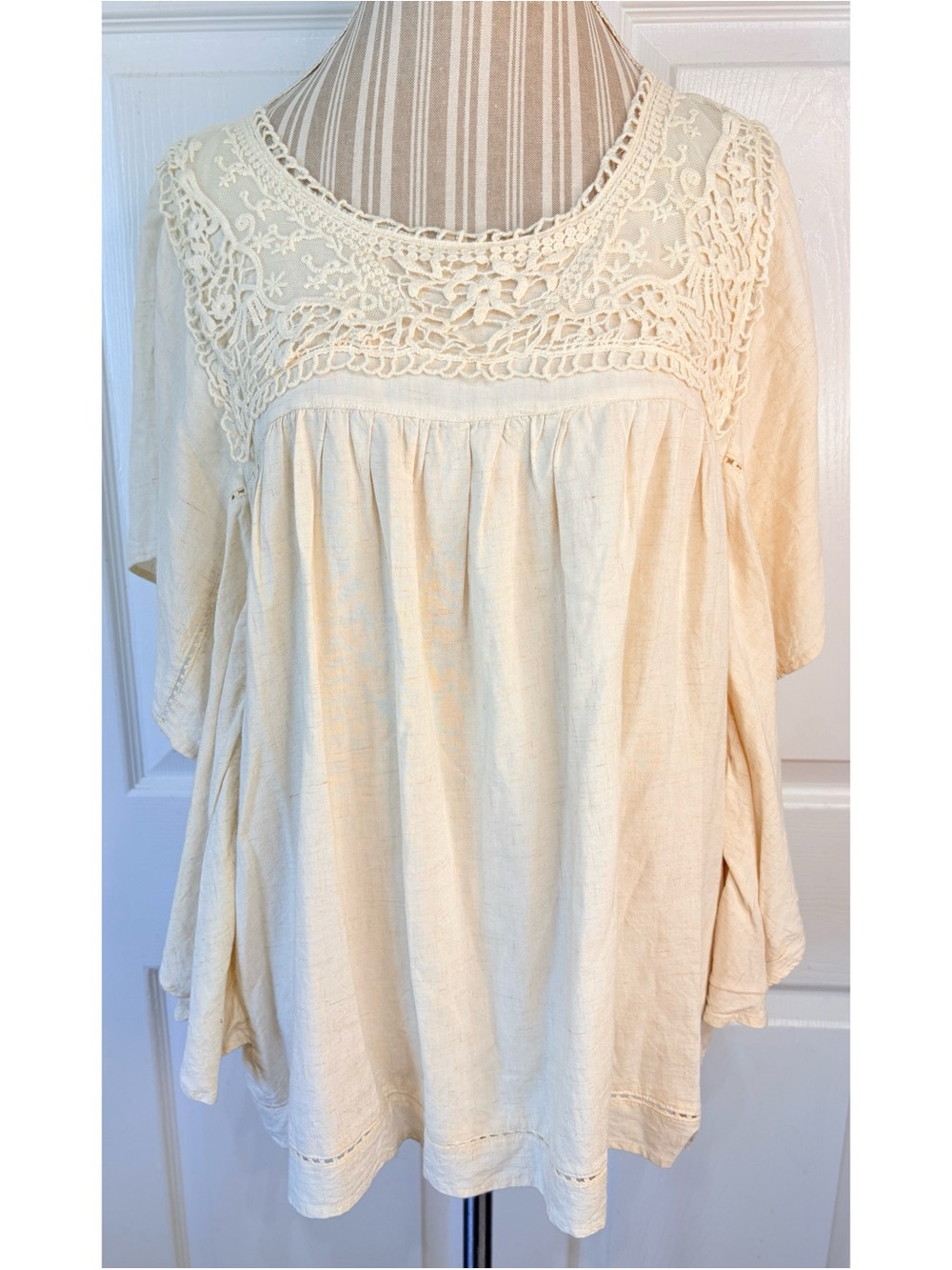 ANGIE Tan Linen Boho Butterfly Sleeve Top Crochet Trim~S/M
